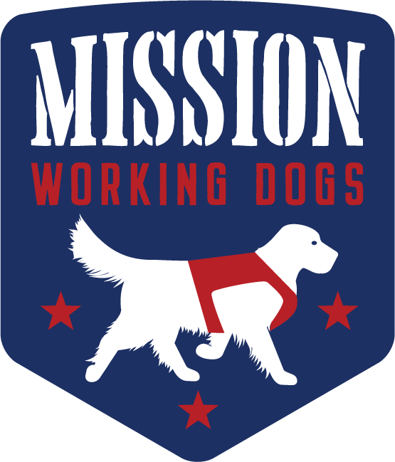 Mission Working Dog Logo with White Dog wearing red vest on blue background with red stars